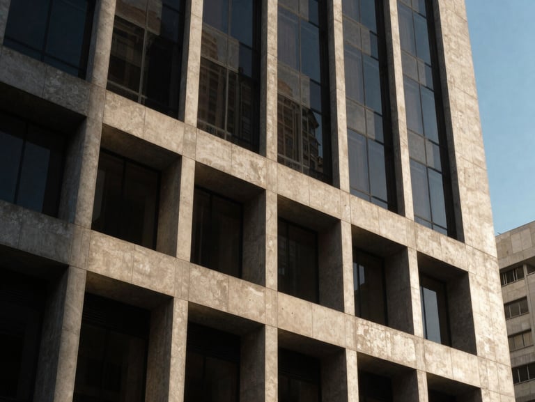 Sober architectural view of a modern corporate headquarters facade in São Paulo, sharp concrete lines, dark glass, dramatic late afternoon shadows.
