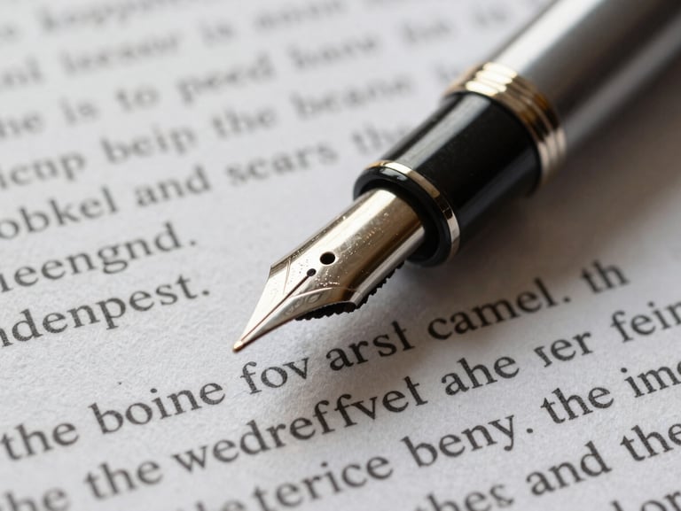 Extreme close-up of a fountain pen resting on heavy, textured cotton paper with clean printed contract text, soft natural side lighting