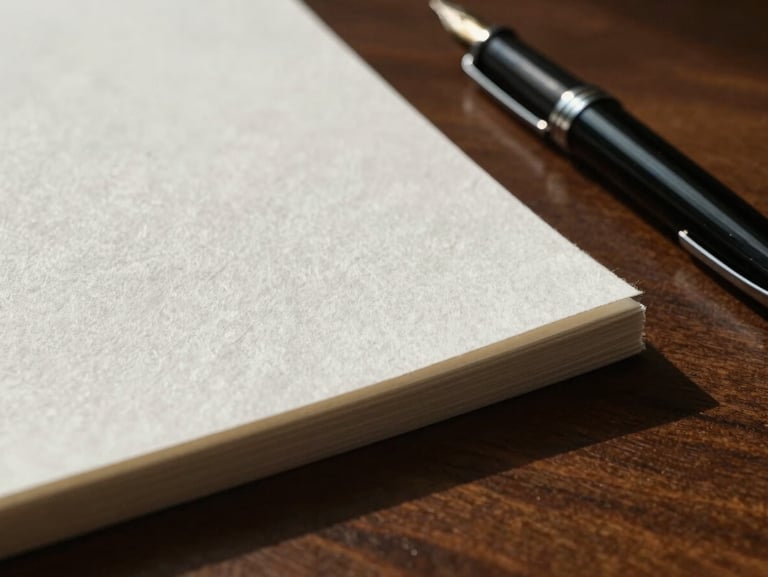 Tactile close-up of heavy textured cotton paper stock resting on a dark walnut desk, a classic black fountain pen beside it, dramatic side-light casting elegant long shadows, sober corporate atmosphere.