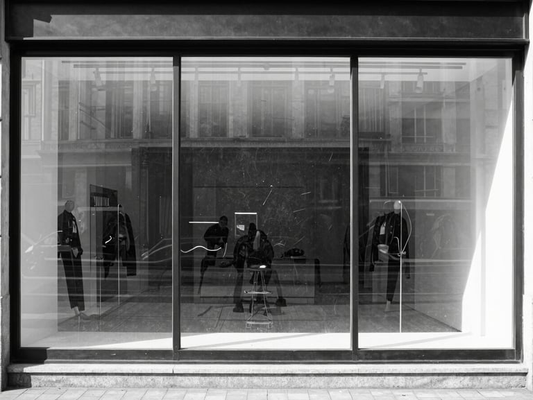 Wide angle of a high-end boutique storefront in Liège with dusty, finger-marked display windows, dull reflections, before cleaning