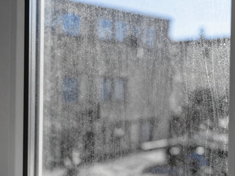 Macro photograph of the same glass veranda pane after professional cleaning, absolutely pristine and transparent, sparkling under bright daylight, 35mm