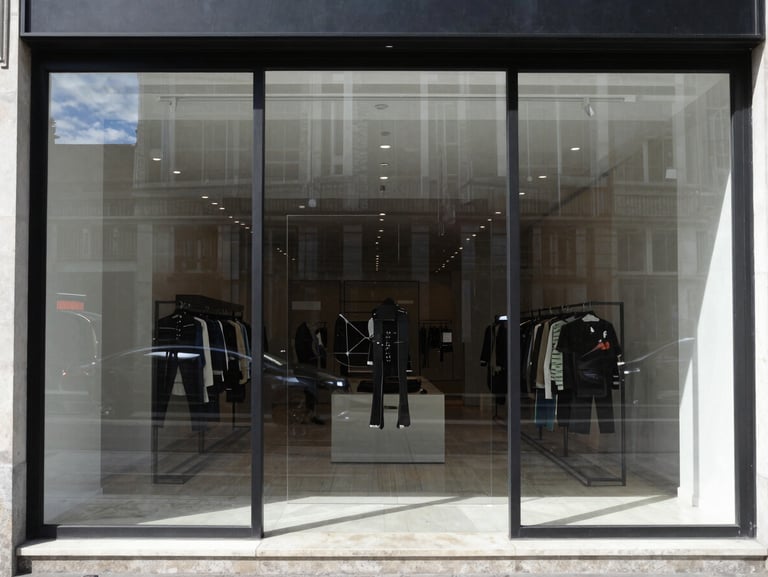 Wide angle of the same boutique storefront in Liège, glass is flawlessly clean, invisible, showing sharp reflections of the sky and clear interior, after cleaning