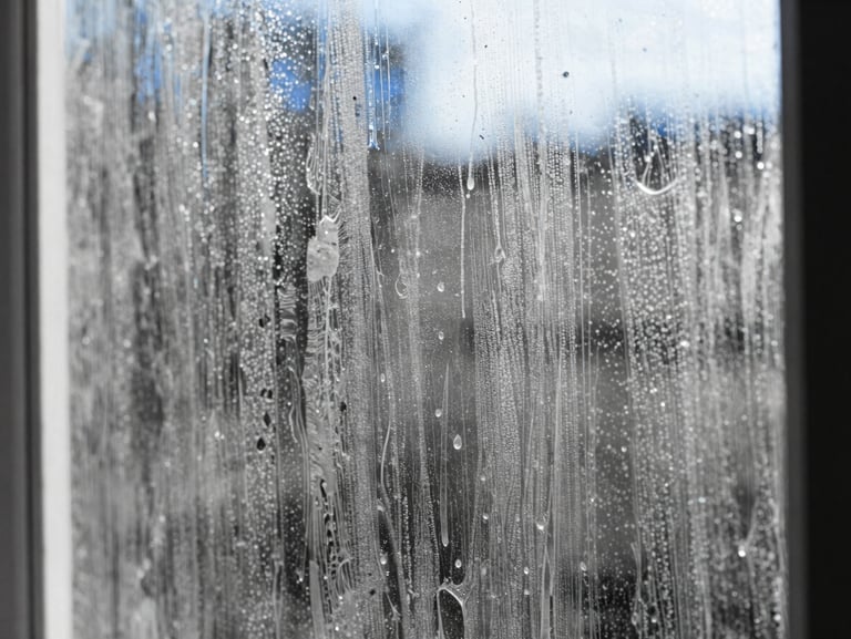 Macro photograph of a dirty, calcified glass veranda pane before cleaning, covered in water spots and dust, high contrast, 35mm