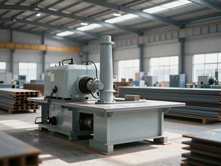 Heavy industrial machinery and steel construction materials in a clean modern warehouse, bright natural daylight, high-contrast shadows