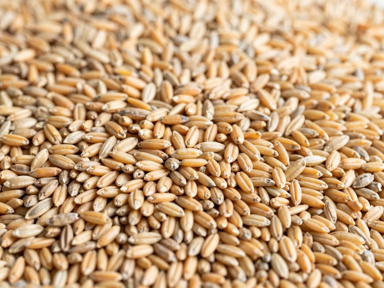 Raw golden agricultural commodities, high-contrast close-up of grains and seeds under bright natural daylight, cool desaturated tones