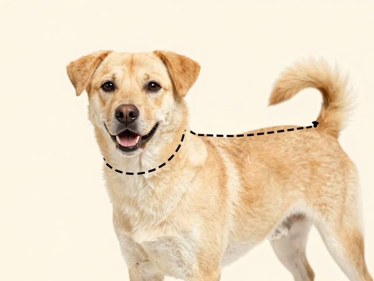 A clear graphic illustration of a dog with dashed lines indicating where to measure the neck, chest, and back length, soft cream background, friendly and educational style.