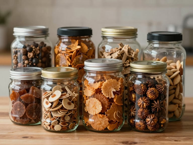 Straight-on close-up of processed food products — sealed jars and packaged dry goods — laid out on a clean wooden surface under even natural workshop light, no hands or people, catalog-style framing