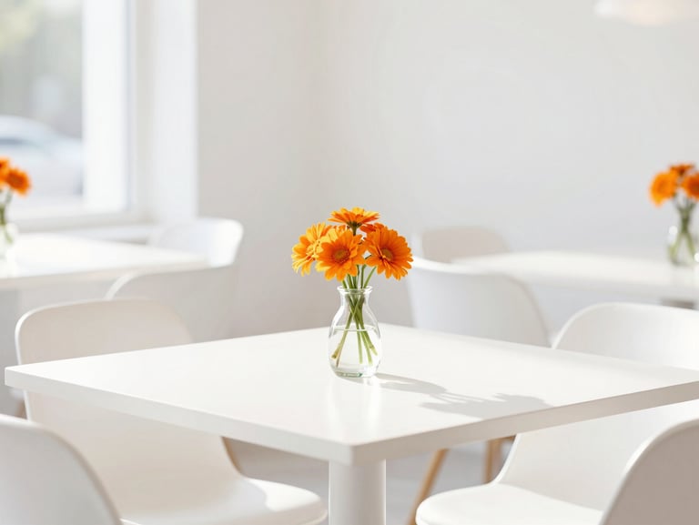 Bright, high-key shot of a modern, sunlit restaurant interior with minimalist white table settings and a small vase of warm orange flowers, soft daylight
