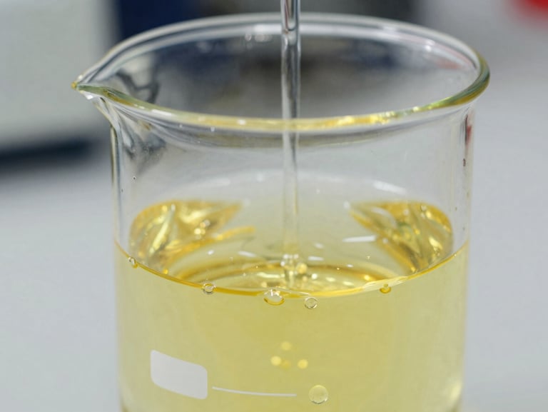 Close-up of a clear chemical solution being formulated in a glass beaker, safety yellow tint in the fluid, sharp focus on droplets, laboratory background.