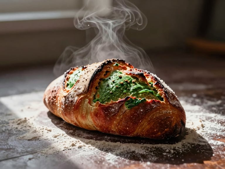 Steam rising from a freshly baked loaf of sourdough bread on a dark flour-dusted surface, warm natural light, moody shadows