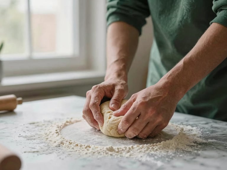 Hands kneading fresh sourdough dough on a flour-dusted marble counter, soft window daylight, warm tones, 35mm