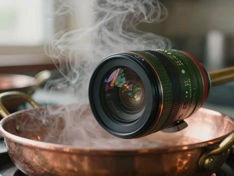A close-up of a professional camera lens capturing steam rising from a hot copper pan in a restaurant kitchen, 35mm