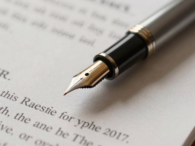 Close-up macro shot of a fountain pen resting on a highly detailed legal contract, warm lighting highlighting the texture of the premium paper, professional atmosphere.