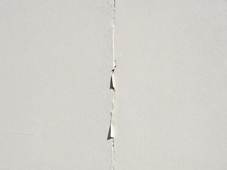 Straight-on architectural detail of a perfectly painted wall junction, crisp tape line being peeled back to reveal a razor-sharp edge, bright natural daylight, zero dust.