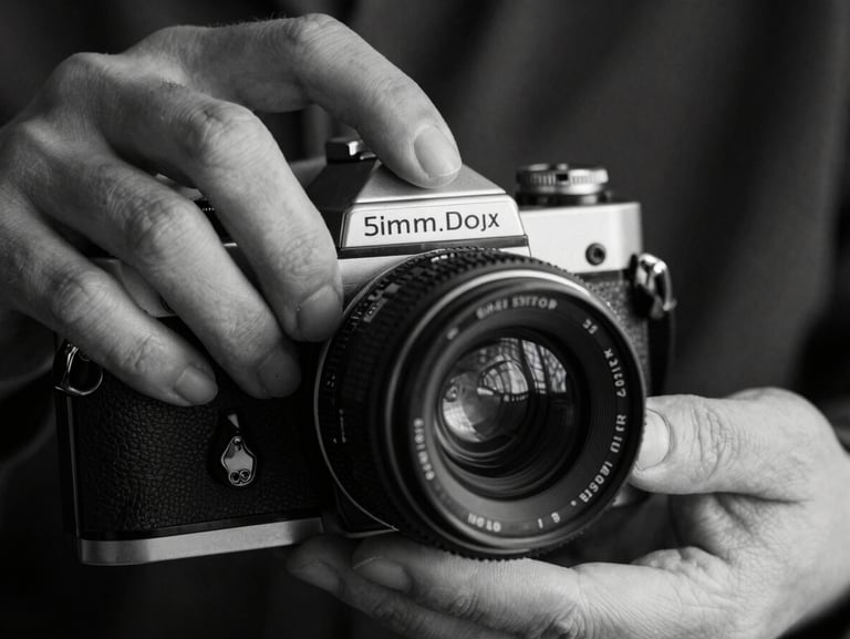 Extreme close-up of hands adjusting a vintage 35mm film camera lens, moody indoor shadows, high contrast black and white