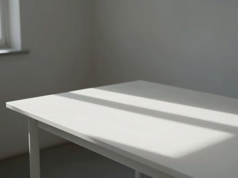 Minimalist studio workspace with natural light streaming across a clean white table, architectural details showing scale and light.