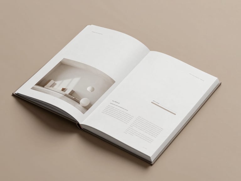 A clean, modern brand book open on a warm taupe surface, displaying minimalist layout designs under soft, diffused window light.