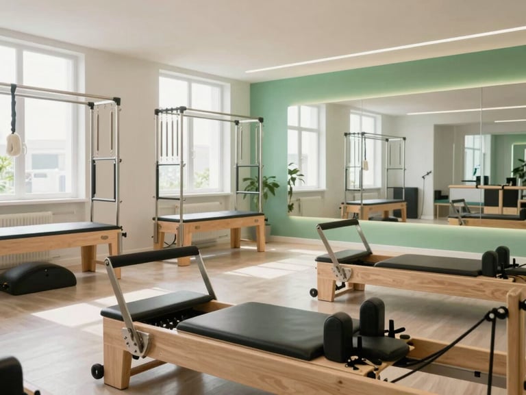 Modern, spacious reformer pilates studio with abundant natural light, clinical green accents, clean wooden reformer machines, professional and sterile atmosphere