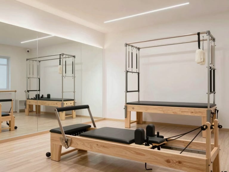 Bright and sterile reformer pilates studio interior, clinical minimal design, wooden reformer equipment, soft natural light