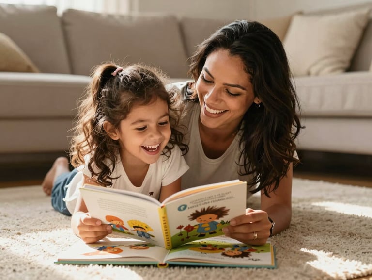 A Brazilian mother and her young daughter laughing together while reading an illustrated children's book on a cozy living room rug, warm afternoon daylight