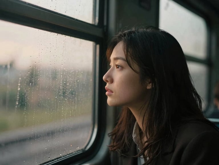 Cinematic 35mm still of a woman looking out of a rain-streaked train window, soft golden hour lighting, low contrast, shallow depth of field.