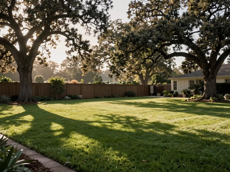 Wide environmental shot of a manicured estate lawn bordering a clean-cut fence line, low-angle morning sun filtering through mature oak trees