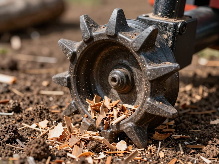 Close-up macro shot of heavy-duty forestry mulcher teeth, freshly cut woodchips flying, damp soil