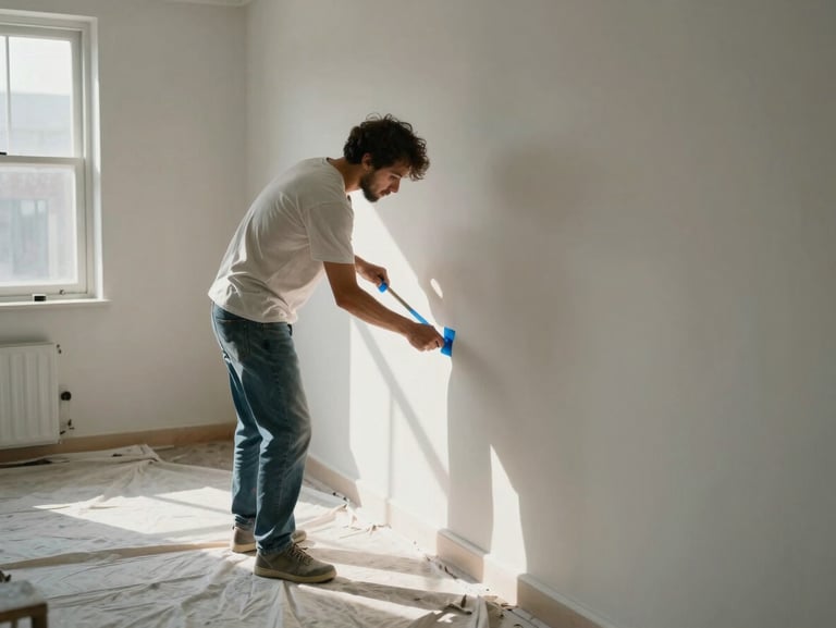 Painter carefully masking baseboards and trim with blue tape in an empty room, natural daylight streaming through a window, drop cloth protecting the floor below