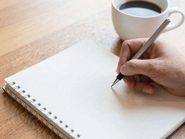 Close-up of a hand writing on a clean notebook next to a cup of coffee on a wooden table, bright natural light, transparent and organized atmosphere