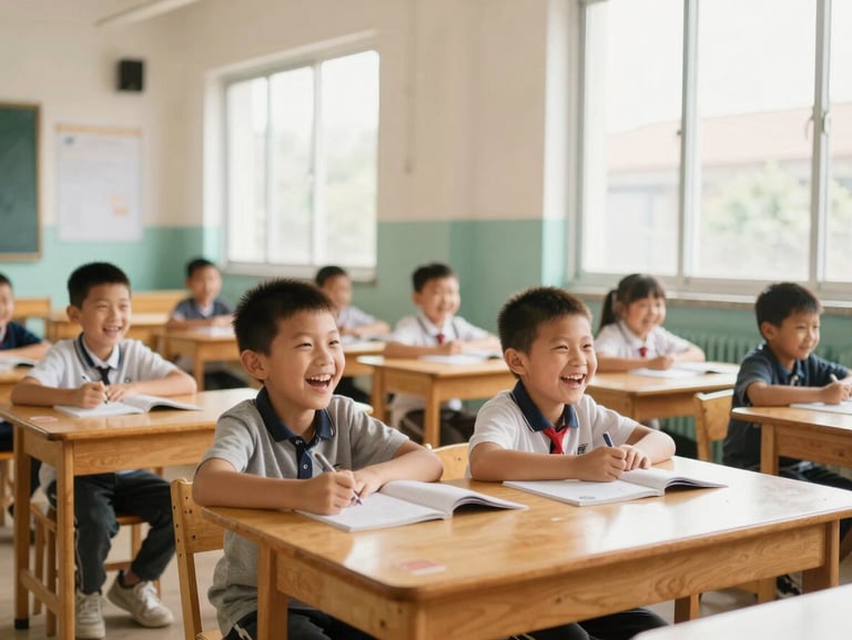 Candid documentary shot of children laughing in a newly painted bright classroom, warm afternoon sun streaming through windows, authentic and hopeful