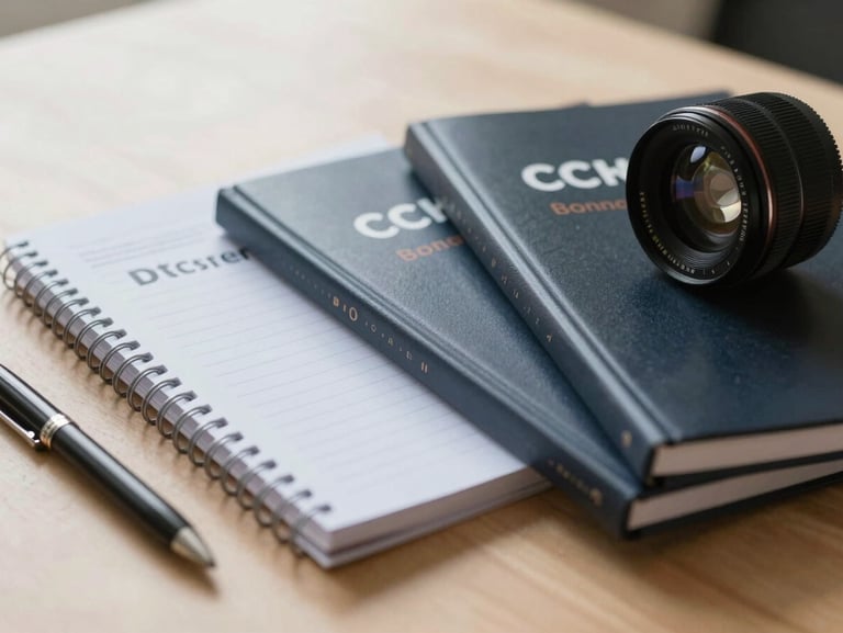 Close-up of physical professional study guides, high-quality notebooks, and a pen resting on a light wood desk, soft natural side lighting.