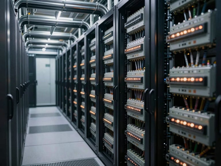 Perfectly aligned electrical conduit runs and heavy-duty switchgear panels in a modern data center, cool ambient daylight mixed with warm status indicator lights.