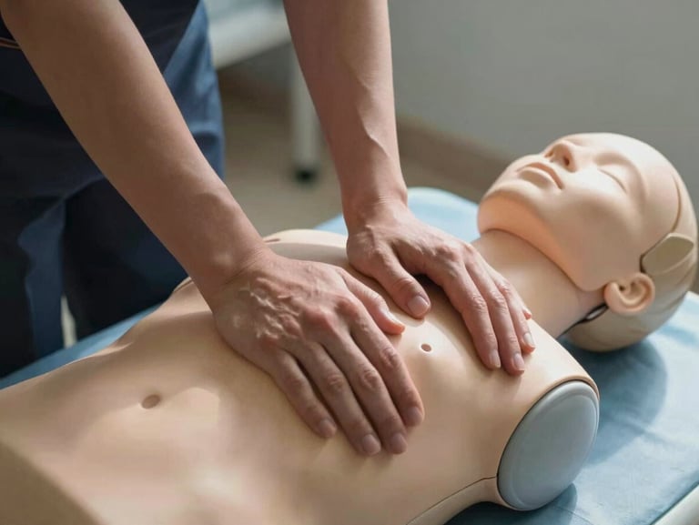 Close-up on hands performing CPR on a training mannequin, high contrast natural pool light, focused and professional atmosphere