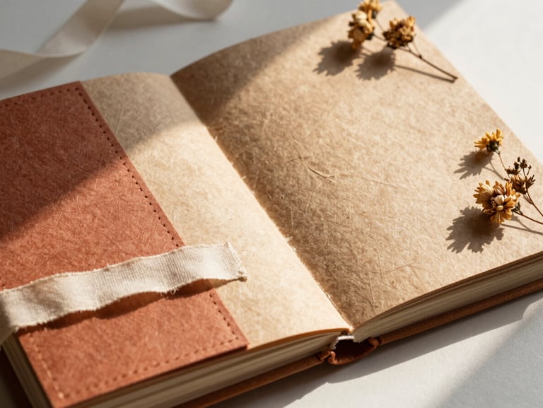 A flatlay of a completed handmade scrapbook album showing detailed stitching, warm natural shadows, rustic cotton ribbons, and dried flower accents