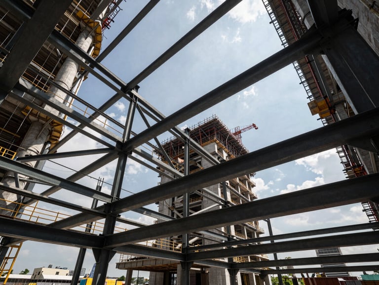 Wide-angle architectural shot of a massive steel-framed G7 construction site in Kuala Lumpur, sharp daylight, structural steel beams framing the sky, high-contrast industrial composition.