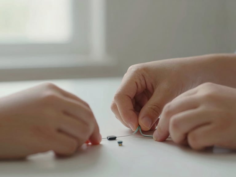 Close-up of a child's hands arranging small precise objects on a clean light-colored surface, deliberate focused placement, soft overcast window light from the left, minimal background, no face visible