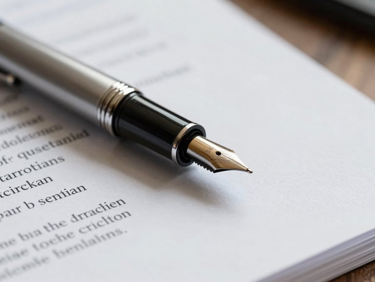 Close-up of a high-quality fountain pen resting on structured financial documents, sharp focus, low-key indoor lighting, conveying absolute corporate authority.