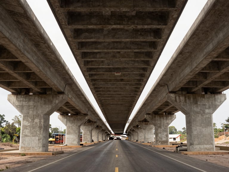 Wide environmental shot of a completed highway overpass structure in central Mexico, concrete columns and deck visible from ground level, midday daylight, muted earth tones, no people in frame