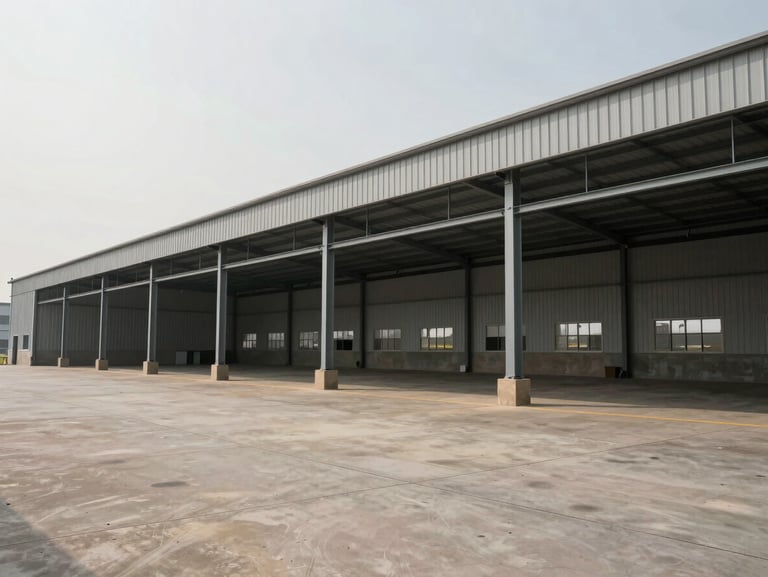 Wide shot of a completed industrial warehouse facility with steel structure and concrete apron, exterior view under flat overcast daylight, no workers or people, muted palette of grey and beige