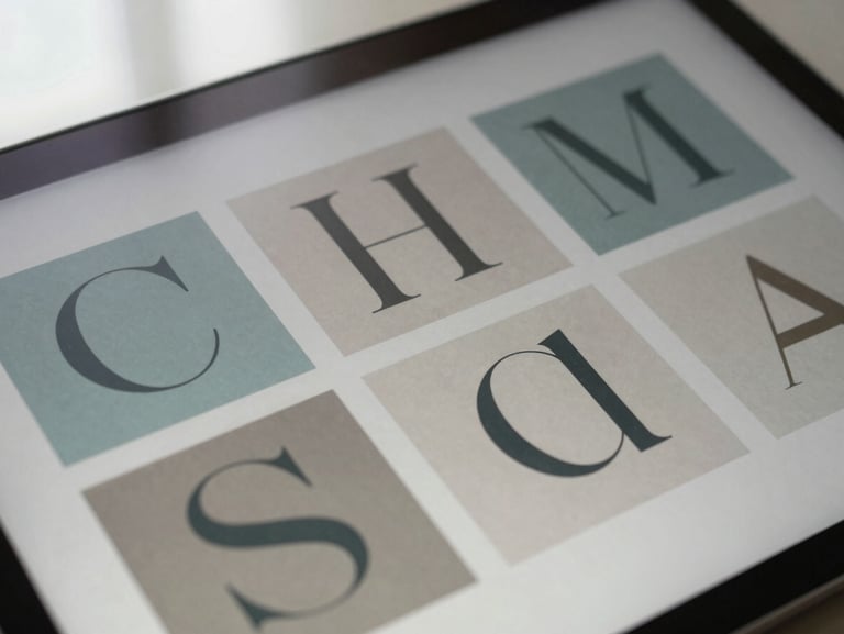 Close-up of a high-end digital layout on a matte display, displaying a structured editorial grid with elegant serif typography, soft shadows.