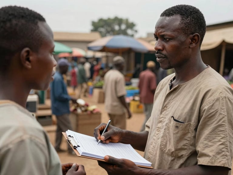 Medium shot of a field researcher interviewing a market trader in an outdoor West African market, natural diffuse daylight, notebook open, data collection forms visible on a clipboard, activity in the background