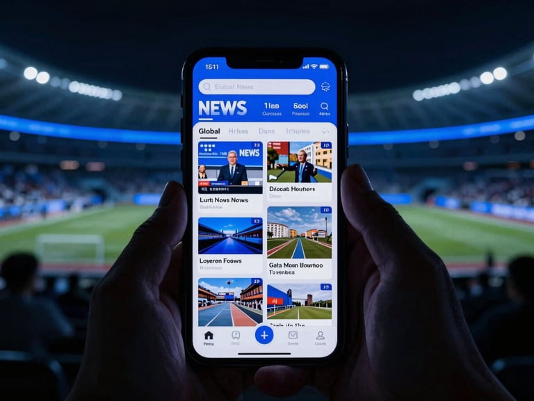 First-person perspective of a mobile phone screen showing a live global news stream, dramatic neon blue backlighting, sharp focus, deep shadows.