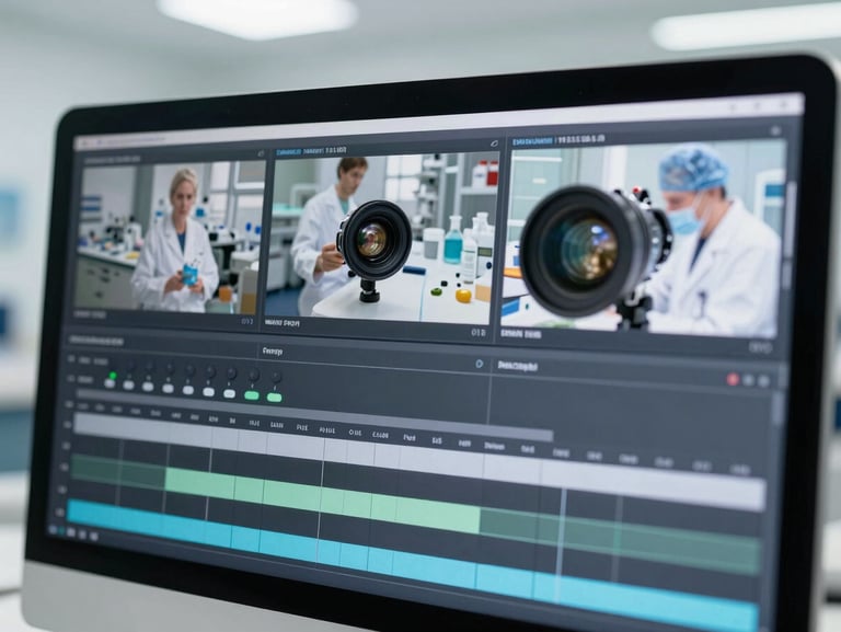 A professional digital video editing interface displaying a timeline of clinical lab footage, cool desaturated tones, sharp focus, high-end commercial lens.
