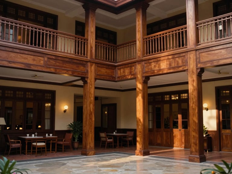 Vintage architectural photograph of a classic Indonesian hotel lobby from the 1970s, warm ambient lighting, rich wooden textures, professional editorial composition