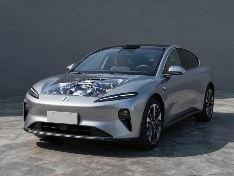 Three-quarter front angle of a sleek ground-level electric sedan parked on grey concrete under hard studio strobes, deep shadow under chassis, electric drivetrain components visible through transparent hood panel
