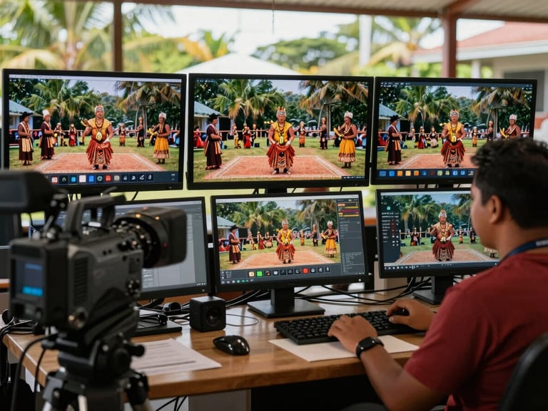 Wide shot of a multi-camera live stream production desk with monitors showing a traditional Samoan ceremony, technicians at work.