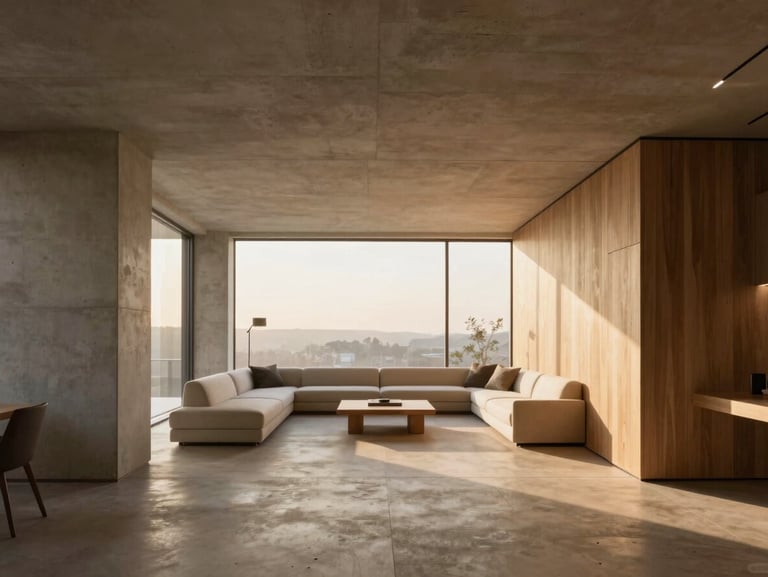 Symmetrical architectural shot of a luxury penthouse interior, concrete and warm wood finishes, soft golden hour sunlight, minimalist furniture, 35mm format