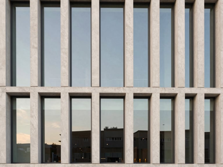 Geometric wide shot of a modern luxury building facade, architectural concrete, large glass windows reflecting a soft sky, clean vertical lines, medium format