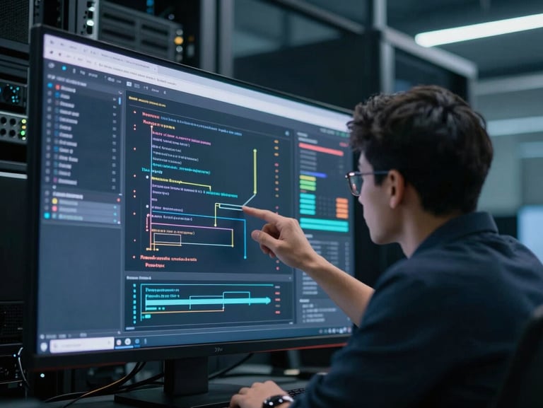 Close-up of a developer analyzing complex data schemas on a high-resolution screen in a cool, crisp architectural server room, 35mm lens.