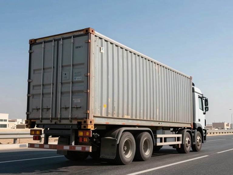 Wide shot of a loaded moving truck on a Dubai highway at midday, organized cargo visible through open side panel, steel container walls, clear blue sky above, road stretching ahead